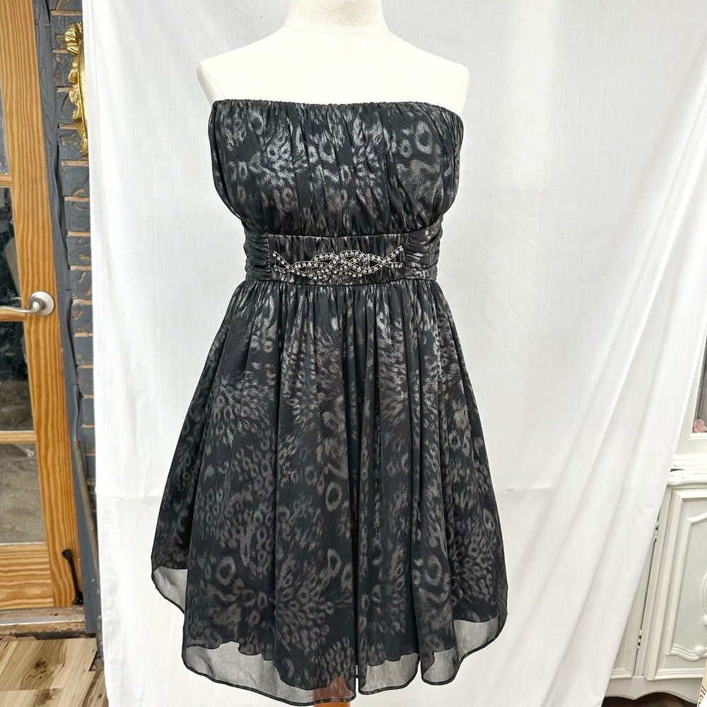 Y2K Strapless Mini Black Dress 11/12 Beaded Sheer Leopard Print Whimsigoth Fairy